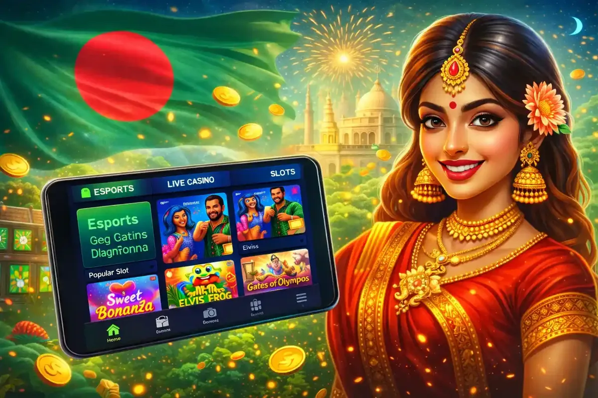 A woman in a sari standing next to a large mobile screen displaying the esports and slot game lobby.