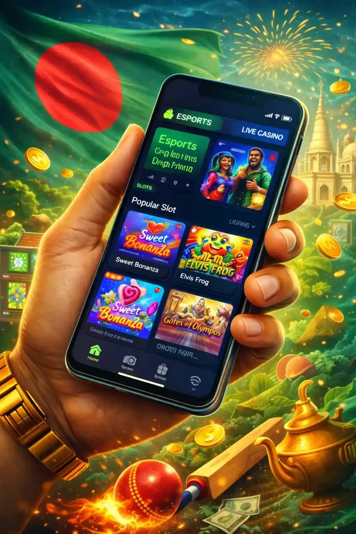 A hand holding a smartphone running the betting app with Sweet Bonanza on screen against a Bangladesh flag background.