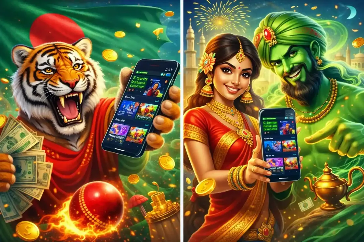 A tiger mascot holding a smartphone with the casino app open while holding a stack of cash next to a genie.