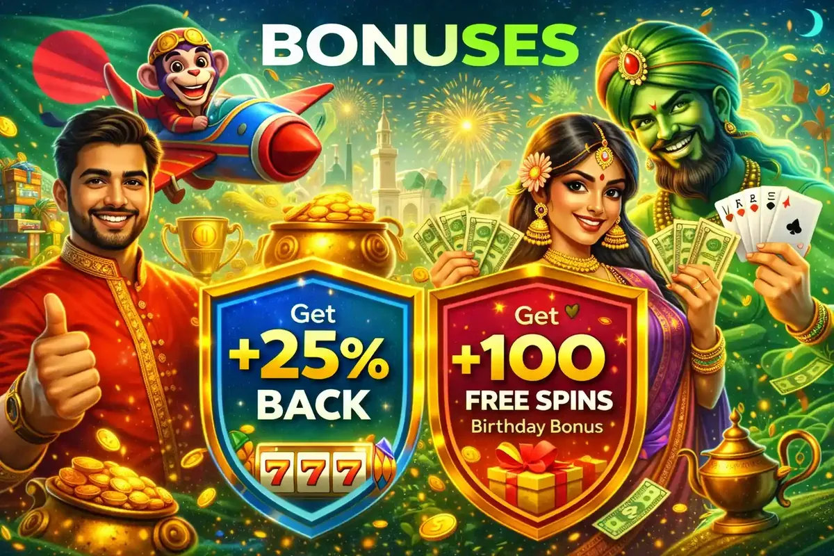Promotional graphic showing 25 percent cashback and 100 free spins birthday bonus with happy characters and gold.