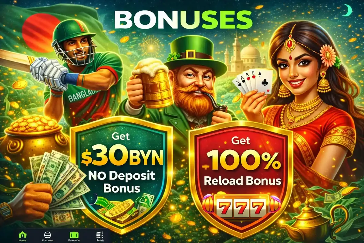 A cricket player and a leprechaun holding a beer mug next to a 30 BYN No Deposit Bonus shield banner.