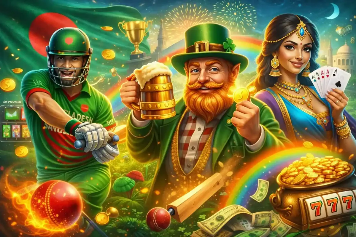A festive casino banner featuring a cricket player and leprechaun advertising a 100 percent reload bonus.