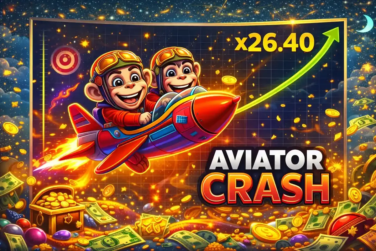 Two monkeys piloting a red rocket in the Aviator crash game with a rising multiplier graph in the background.