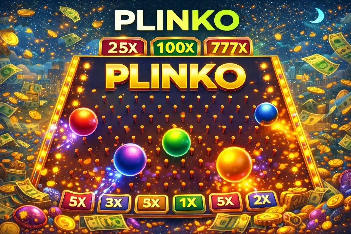 A glowing Plinko game board with balls falling through pins toward high multiplier slots like 100x and 777x.