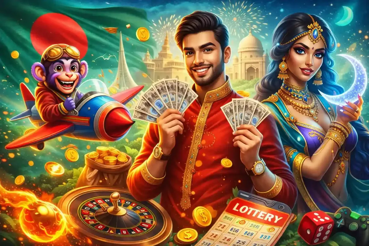 A smiling man and woman in traditional attire holding money with a monkey in a rocket and Bangladesh flag in the background.