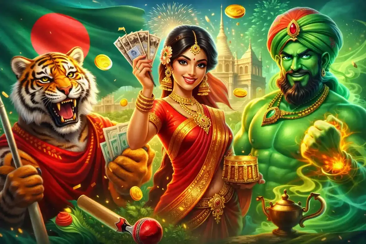 A tiger mascot with a cricket bat and a green genie standing next to a woman in a red sari holding cash.