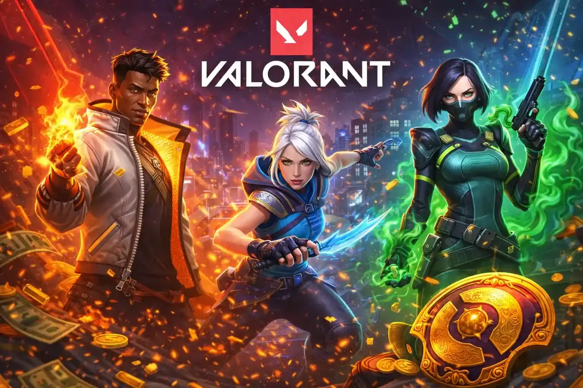 Three Valorant game characters surrounded by flames and gold coins representing esports betting opportunities.