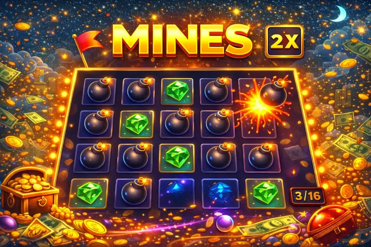 A grid based Mines casino game interface showing revealed bombs and green gems with a treasure chest nearby.
