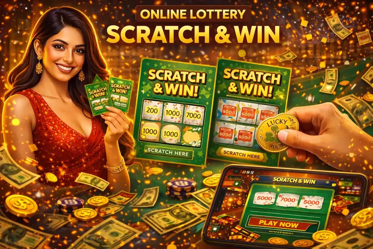 Scratch and Win Online Cards A woman holding winning scratch cards next to a digital phone interface showing prize amounts being revealed.