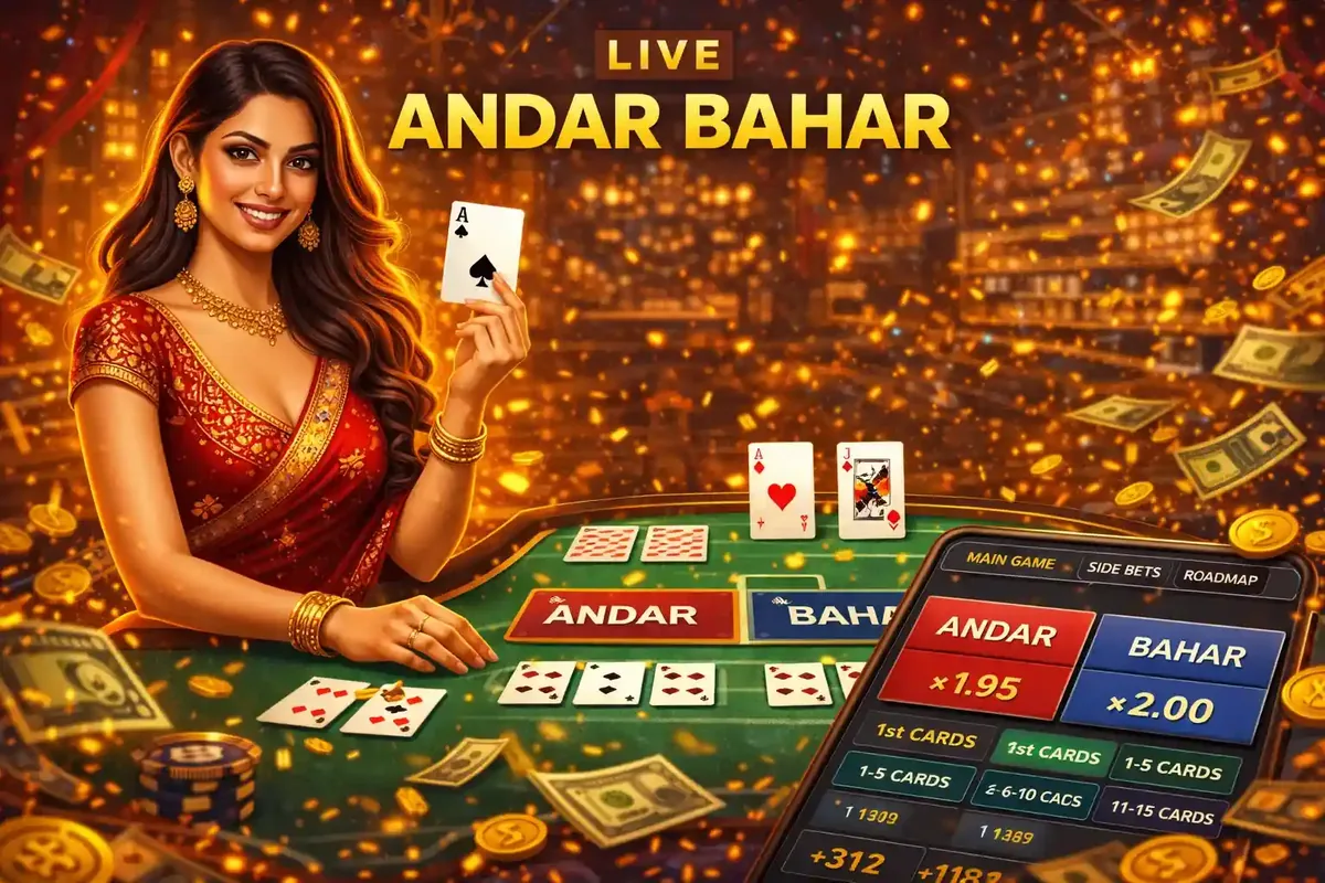 A smiling live dealer in traditional attire sitting at an Andar Bahar table with playing cards and chips.