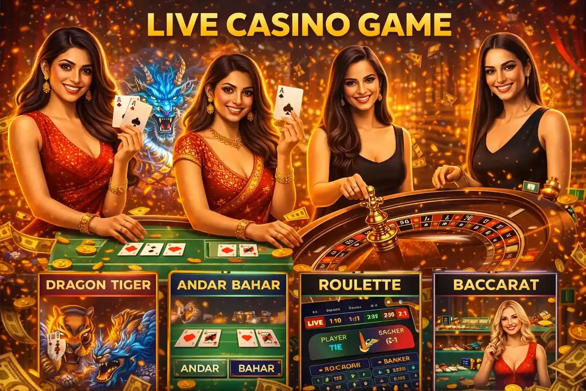 Four glamorous live casino dealers posing above a roulette wheel and betting menus for Dragon Tiger and Baccarat.