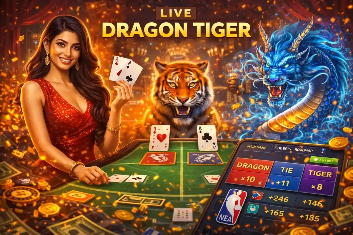 A live dealer in a red dress presenting the Dragon Tiger card game with a visual of a tiger and blue dragon.