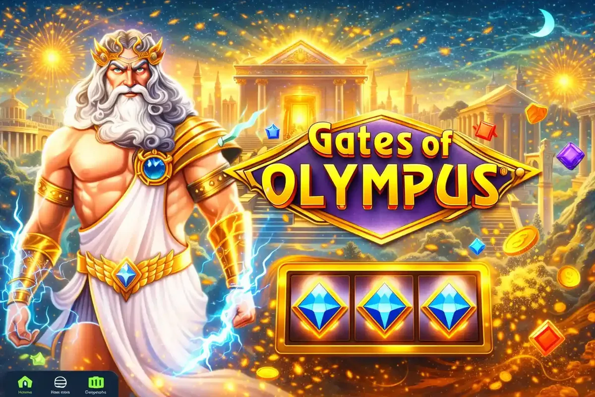 Zeus standing powerfully with lightning bolts in the Gates of Olympus slot game promotional image with floating gems.
