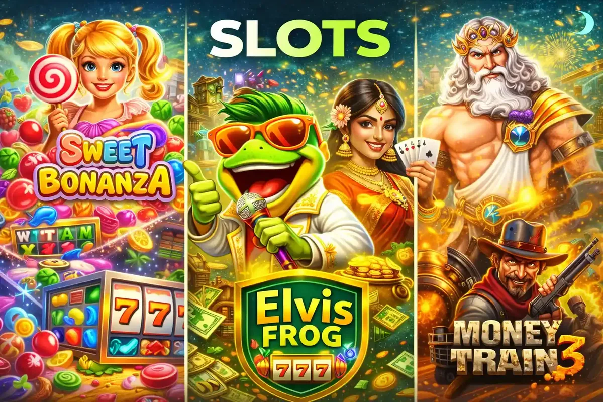 A collage of popular slot game characters including Sweet Bonanza, Elvis Frog, and Zeus from Gates of Olympus.