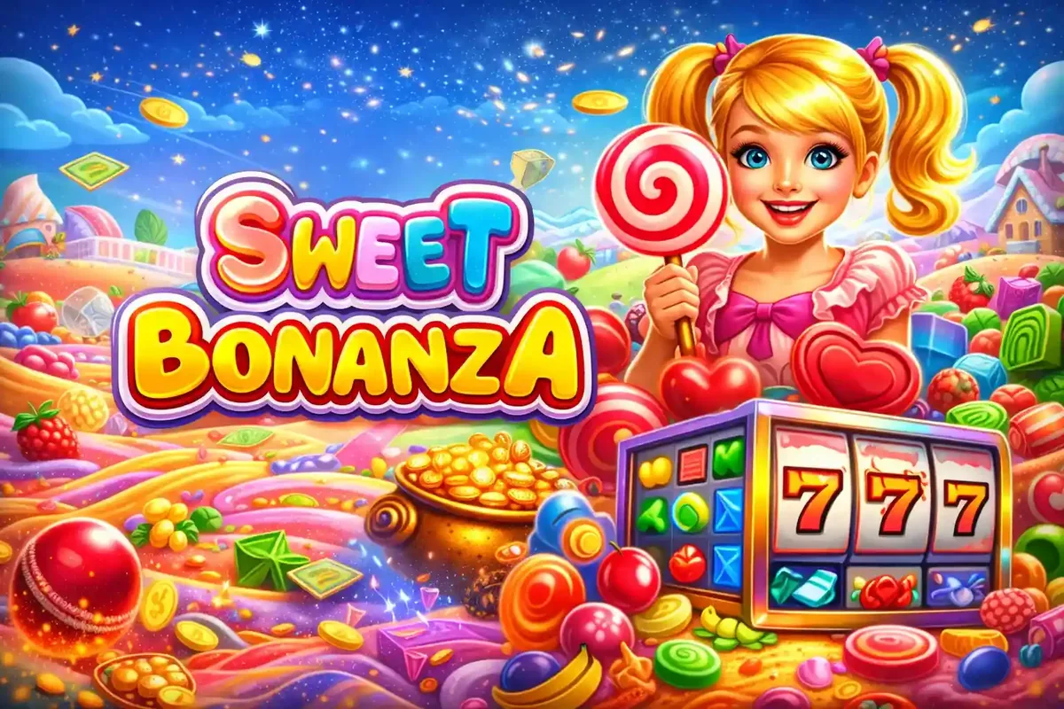 Bright and colorful promotional art for Sweet Bonanza slot featuring a girl with a lollipop and candy symbols.