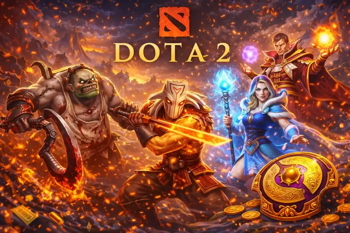 Dota 2 characters Pudge, Juggernaut, and Crystal Maiden standing ready for battle in an esports betting promo.