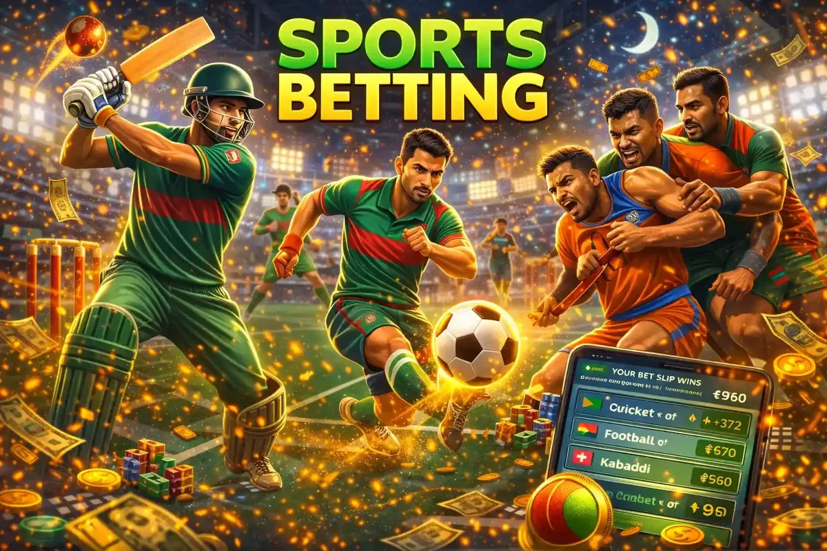 Athletes playing cricket, football, and field hockey with a smartphone displaying a betting slip in the foreground.