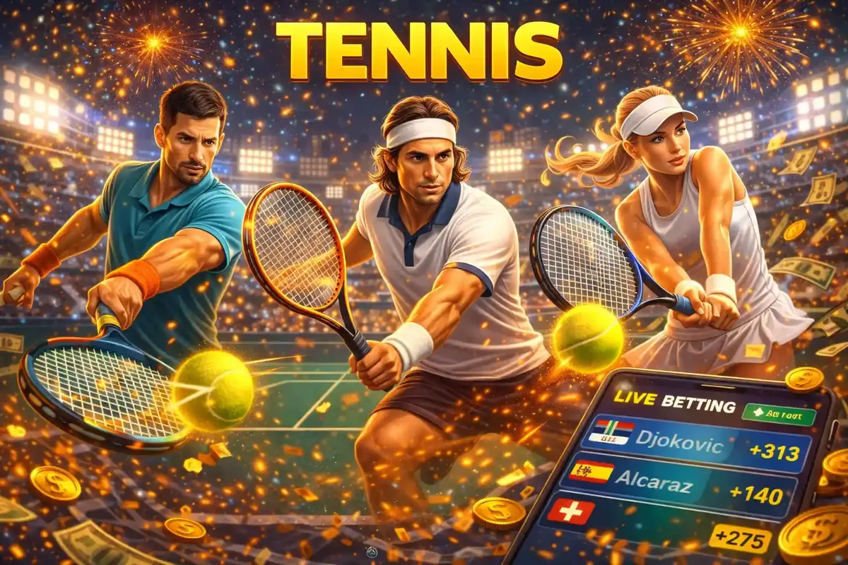 Male and female tennis players in action on the court with a mobile interface showing live match betting odds.